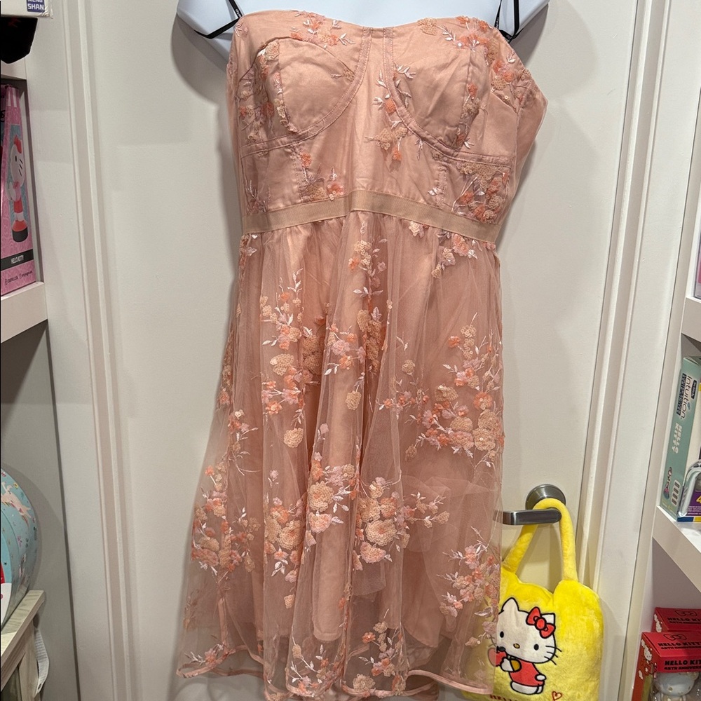 City Chic Strapless Peach Embroidered Tulle Dress